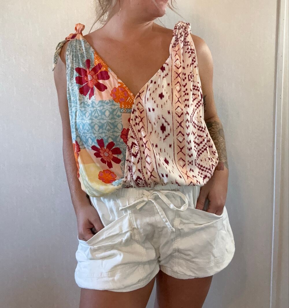 Free People Tied To You Tank M Tropical Floral Patchwork Boho Tie Shoulder